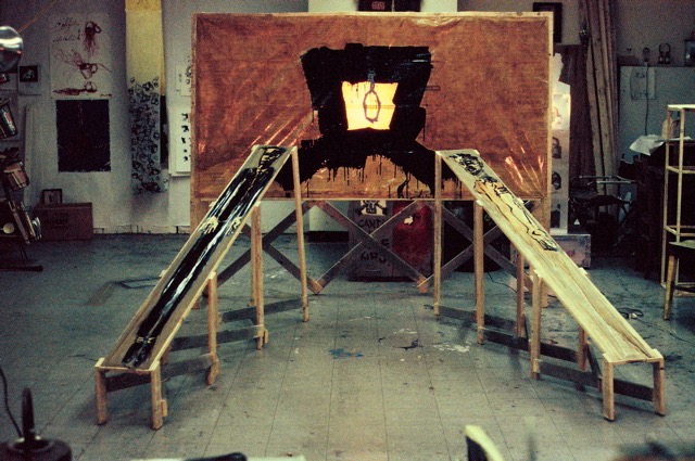 untitled installation 1987 mixed media on paper with wooden construction destroyed