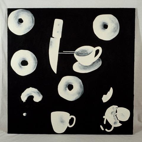 Coffee & Bagels 1989 34x34 mixed media on canvas destroyed