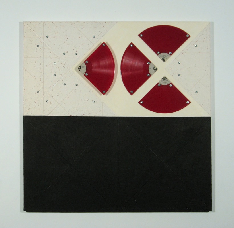 Ives Cage Mute 1993 30x30 mixed media and record vinyl on canvas