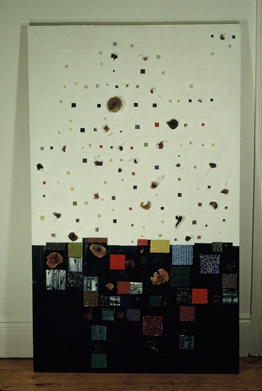 Untitled 1994 64x42collage, oil acrylic and mushrooms on canvas destroyed