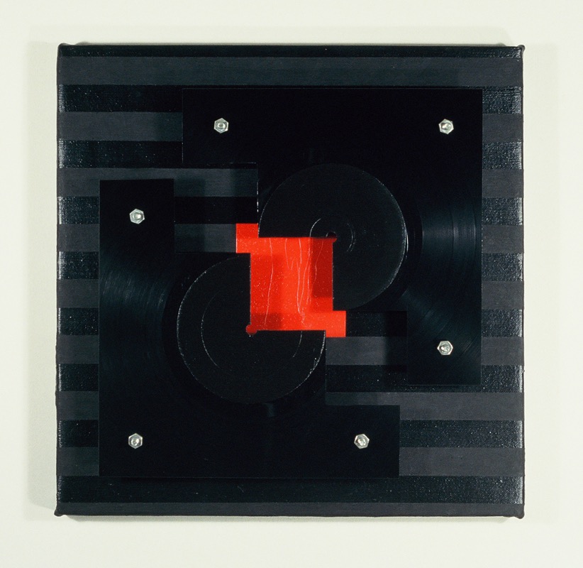 Red Square Mute 1994 13x13x2.5 oil, acrylic and record vinyl on canvas